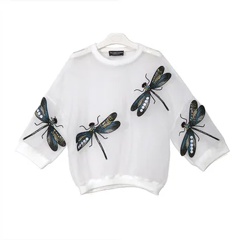 Negabaritinių Dragonfly Siuvinėjimo Organza Viršų O-Kaklo Skaidrus Akių Susiuvimo Laisvi moteriški marškinėliai Megztinis Streetwear T1375