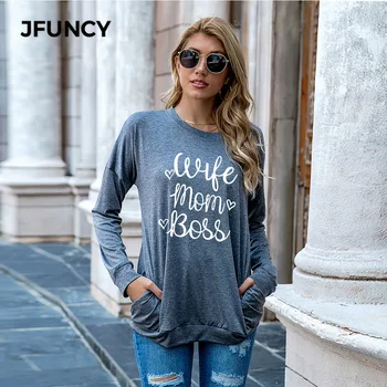 JFUNCY Žmona, Mama Bosas Laišką Print Long Sleeve T Shirt Moterų Megztinis Prarasti Tee Marškinėliai Moteriška Viršūnes Negabaritinių Moters Laisvalaikio T-shirt