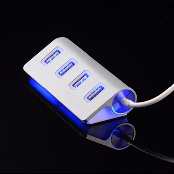 POWSTRO USB HUB Aliuminio Mini 4 Port USB 2.0 HUB Didelės Spartos Splitter Adapteris centras su Mėlyna LED 