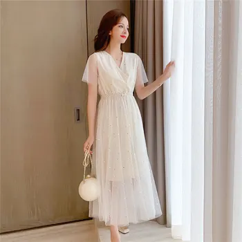 Vasaros Korėjos Moterų Mados Elegantiškas Plonas Blizgančiais V-Kaklo Šalis Suknelės Lady Atsitiktinis Trumpas Rankovės Akių Plisuotos Suknelė Vestidos