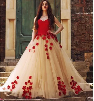 Vestido De Festa Longo Kamuolys Suknelė, Vakaro Suknelės, Raudonos Viršų Šampano Tiulio Ilgai Oficialų Suknelė Su Raudonos Gėlės