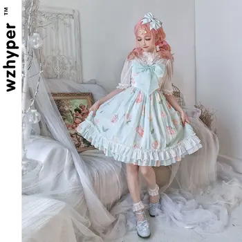 Vasaros Gothic Lolita Cosplay Suknelė Japonijos Minkštas Sesuo Retro Susiėmę Mielas Nėrinių Trumpomis Rankovėmis Suknelės Ilgomis Rankovėmis
