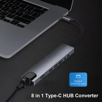 ALLOYSEED 8 1 Tipas-C HUB Konverteris Splitter 4K HDMI 2 USB3.0 USB C PD SD/TF Kortelių Skaitytuvas RJ45 Adapteris Nešiojamas KOMPIUTERIS