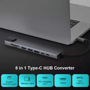 ALLOYSEED 8 1 Tipas-C HUB Konverteris Splitter 4K HDMI 2 USB3.0 USB C PD SD/TF Kortelių Skaitytuvas RJ45 Adapteris Nešiojamas KOMPIUTERIS