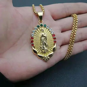 Mergelės Marijos nerūdijančio plieno Karoliai Pakabukas su kalnų krištolas Moterų Aukso Spalvos madonna, Juvelyriniai dirbiniai Didmeninė