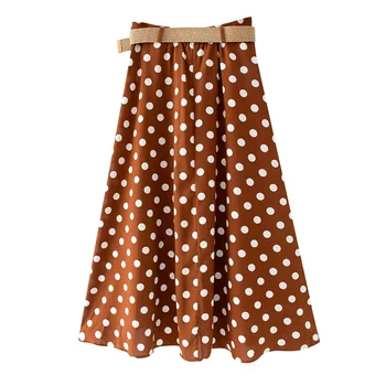 2020 metų vasaros moterų nauji retro aukšto juosmens kontrasto spalvų siūlėmis diržo asimetrinė midi sijonas polka dot mygtuką spausdinti ilgas sijonas