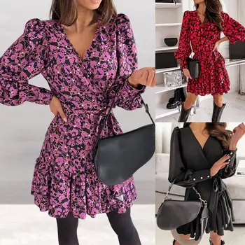 Naujas Atvykimo Pavasarį Moterys Ilgai Žibintų Rankovės Gėlių Spausdinti Wrap Elegantiškas Ruffles Suknelė V Kaklo Šalis Suknelės A-Line Vestido 2021