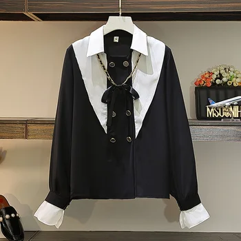Naujas mados didelio dydžio ponios dviejų dalių rudens drabužių rinkinys moterims juoda palaidinė kelnės, laisvalaikio apranga 