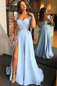 Dangus Mėlynas Ilgą vakarinę Suknelę 2020 Elegantiškas Bžūp Rankovėmis Vakare Chalatai Seksualus Pusėje Ritininės Appliques Foraml Šalis Suknelė chalatas de soiree
