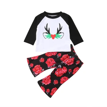 Bamblys Vaikas Baby Girl Elnias Viršūnes Long Sleeve T-Shirt Gėlių Užsiliepsnojo Kelnės Rudens Apranga, Drabužiai Rinkinys