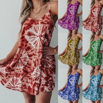 Moterų Off Peties Paplūdimio Suknelė Gėlių Kaklaraištis Dažų Spausdinti Vasaros Suknelė Atsitiktinis Šalies Trumpa Mini Suknelė Spageti Dirželis Suknelės 2021#XX