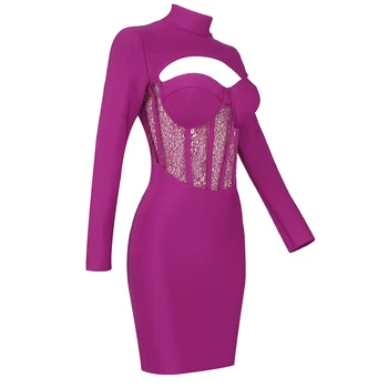 Nėriniai Moterų Suknelė Seksualus 2021 Naujas Violetines V-Kaklo, Ilgomis Rankovėmis Bodycon Šalis Suknelė Elegantiškas Įžymybė Mini Suknelės, Mados Drabužiai