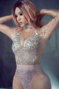 Rožinė kristalų nuogas bodysuit šviečia kibirkšties seksualus etape šokį dainininkė šalies atveju kostiumas bodysuit