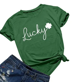 Pasisekė, Letter Spausdinimo Moterys T-shirt St. Patrick ' s Day O-kaklo, Trumpas Rankovėmis keturių lapų Dobilų Spausdinti Dugno Marškinėlius Stilingas Aukštos Viršų