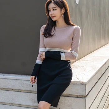 2020 m. Naujas Stiliaus korėjos-Elegantiškas stilius Slim Fit Įgulos Kaklo Maišyti Spalvas, Megzti Apvalkalą Mados Suknelė Megztinis Bazės Sijonas Moterų