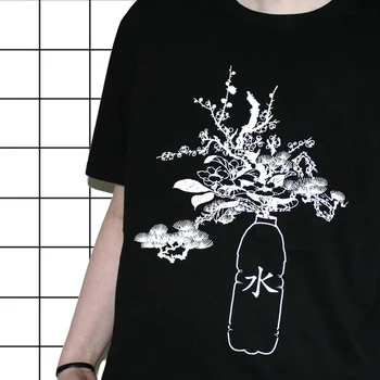 Fashionshow-JF Likti Hidratuotas Moterų Gražus Grafinis T-Shirt Japonijos Harajuku Stiliaus Mados Tee Atsitiktinis Negabaritinių Juodi Marškinėliai
