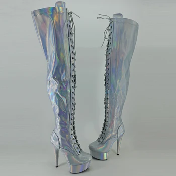 Leecabe 15cm/6inch Ašigalio šokių seksualus per knee-high batai su holo spalvos seksuali šokėja ašigalio šokių įkrovos