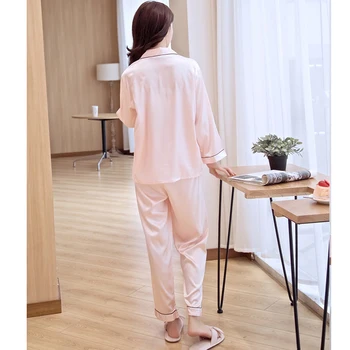 Ponios patogi ir minkšta pižama, vientisos spalvos megztinis, dviejų dalių kostiumas, didelio elastingumo šilko imitacijos, namų kostiumas JJF0145