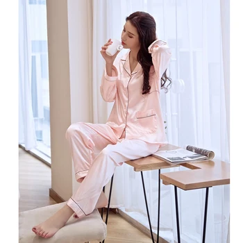 Ponios patogi ir minkšta pižama, vientisos spalvos megztinis, dviejų dalių kostiumas, didelio elastingumo šilko imitacijos, namų kostiumas JJF0145
