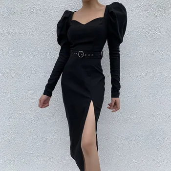 Sluoksniuotos Rankovėmis Juoda moters Suknelė 2021 Mados Moterų Drabužiai ilgomis rankovėmis Suknelė Seksualus Padalinta Slim Atsitiktinis Suknelė Ilgai Danga-ups