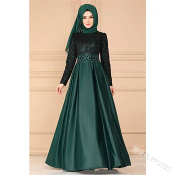Lugentolo Moterų Suknelė Musulmonų Kietas Nėrinių Susiuvimo Retro ilgomis Rankovėmis Slim Apvalios Kaklo Grindų Ilgis 6 Spalvų Plus Size 5XL