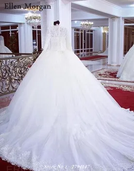 Musulmonų Senovinių Nėrinių Kamuolys Chalatai Vestuvės Suknelės 2019 Mariage Aukšto Kaklo Koplyčia Traukinys Saudo Arabija Dubajus Vestuvinės Suknelės nemokamai Šydas