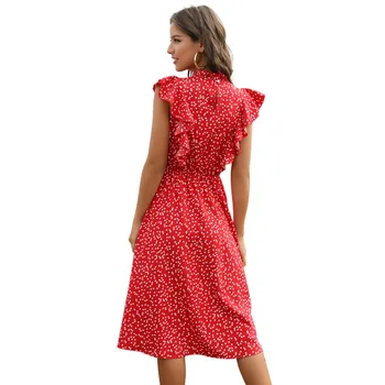 Moterų Šifono Prarasti Midi Suknelė Vasaros Red Dot Spausdinti Raukiniai, Saldus, Elegantiškas Derliaus Rankovių Seksualus Boho Paplūdimio Suknelė Moters Drabužiai