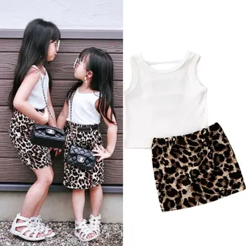 Bamblys Kūdikių Mergaičių Drabužius Rankovių Medvilnės Backless T-marškinėliai, Topai, Leopardas spausdinimui Mini Sijonas Komplektus 1-5 Metų