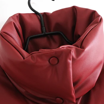 Moterų Raudonos Striukės PU Odos Parkas Žiemą Storas Ilgas Rankoves Negabaritinių Paltai Moterų Šiltas 2020 Za Viršutiniai drabužiai Dirbtiniais Odos Atsitiktinis