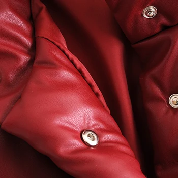 Moterų Raudonos Striukės PU Odos Parkas Žiemą Storas Ilgas Rankoves Negabaritinių Paltai Moterų Šiltas 2020 Za Viršutiniai drabužiai Dirbtiniais Odos Atsitiktinis