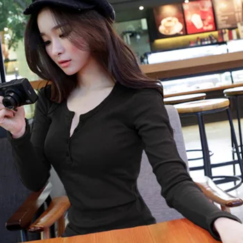 Marškinėliai Moterims Pavasario Mygtuką Sriegis vientisos Spalvos ilgomis Rankovėmis T-shirt Moterims korėjos Naujas Plus Size Viršų