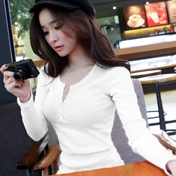 Marškinėliai Moterims Pavasario Mygtuką Sriegis vientisos Spalvos ilgomis Rankovėmis T-shirt Moterims korėjos Naujas Plus Size Viršų