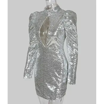 Moterų Skiedra Mini Suknelės Seksualus Vakaro Šalis Suknelė Giliai V kaklo Blizgučiais Bodycon ilgomis Rankovėmis Suknelė