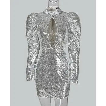 Moterų Skiedra Mini Suknelės Seksualus Vakaro Šalis Suknelė Giliai V kaklo Blizgučiais Bodycon ilgomis Rankovėmis Suknelė