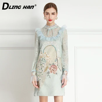 DLINGHAN Derliaus Žakardo Pavasario Dress Moterų Nėriniai ilgomis Rankovėmis Duobute Gėlių Spausdinti Mini Suknelės Dizainerė Naujas