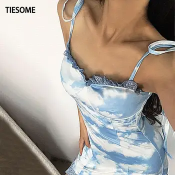 TIESOME Derliaus Moterų Straped Mini Suknelės Tvarstis Pynimas Hem Spausdinimo Suknelės Elegantiškas Ponios Drabužiai, E-girl Vestidos 2020 m.