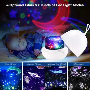 Naujas 8 Apšvietimo Režimai Naktį Šviesos Projektorius Delikatesas 4 Set Filmų 360 Laipsnių Besisukantis Naktį LED Lempos Vaikams Kūdikių Miegamojo Puošimas