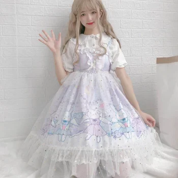 Japonijos Cute Lolita Jsk Suknelė Moterims Vasaros Saldus, Minkštas Sesuo Kawaii Nėrinių Triušis Spausdinti Peties Dirželis Suknelė Mergaitė Princesė Suknelė