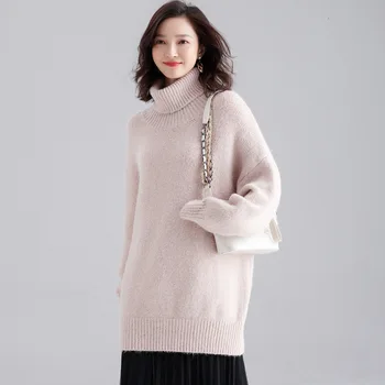 Net raudona tingus stiliaus moteriška rudens ir žiemos naujas megztinis retro prarasti aukšta apykaklė megzti megztinis džemperis moterims F9208