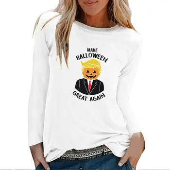 Moteris Rudens-Žiemos Grafinis T Marškinėliai Streetwear Balta O Kaklo Drabužius Femme, Kad Helovinas Didžiosios Vėl Print Long Sleeve T-shirts