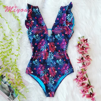 Naujausias Gėlių Spausdinti maudymosi kostiumėlį 2021 Moterų maudymosi Kostiumėliai, Aukštos Kokybės Paplūdimio Giliai V Kaklo Maudymosi Kostiumą, Raukiniai Vienos dalies Kostiumai.