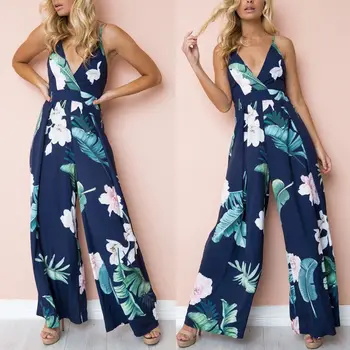Hirigin 2019 Naujausias Vasarą Moterys, Ponios Vienas Gabalas Gėlių Rankovių Dryžuotas Jumpsuit Romper Atsitiktinis Clubwear Pločio Kojų Komplektai