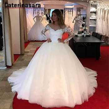 2020 Nėrinių Naujausias Mados Vestuvių Suknelės, Kamuolys Suknelė Princesė Nuotakos Suknelė Ceremonija Bažnyčioje Tiulio Vien Kaklo Vestuvių Suknelės