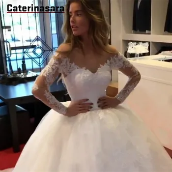 2020 Nėrinių Naujausias Mados Vestuvių Suknelės, Kamuolys Suknelė Princesė Nuotakos Suknelė Ceremonija Bažnyčioje Tiulio Vien Kaklo Vestuvių Suknelės