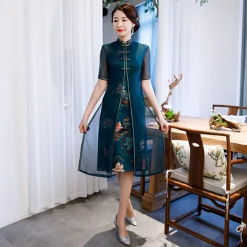 Naujas Stovėti Apykaklės Vieną Krūtinėmis Susiuvimo Šilko Spausdinti Padirbtus Dviejų Dalių Kostiumai Dress 2020 Metų Vasaros Kinų Stiliaus Kvėpuojantis Cheongsam