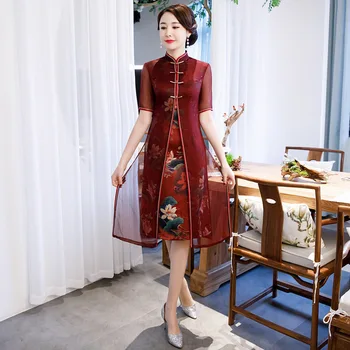 Naujas Stovėti Apykaklės Vieną Krūtinėmis Susiuvimo Šilko Spausdinti Padirbtus Dviejų Dalių Kostiumai Dress 2020 Metų Vasaros Kinų Stiliaus Kvėpuojantis Cheongsam