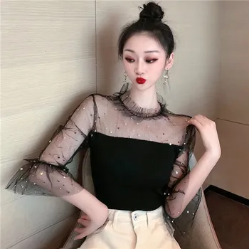Moterų Tinklinio Kratinys marškinėliai Topai O-kaklo Nėrinių China T-shirt Blyksnius Sleeve Ruched Viršūnės