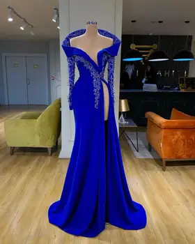 Off Peties Ilgomis Rankovėmis Prom Oficialią Suknelės 2021 Royal Blue Lace Zawalcowany Seksualus Plyšio Dėmių Arabų Dubajus Vakare Chalatai Dėvėti