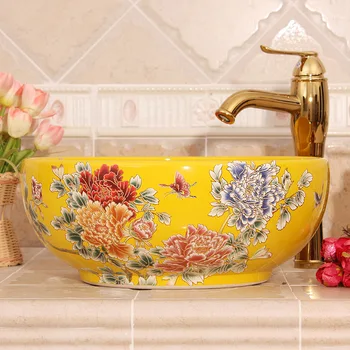 Geras bijūnas Kinijos Meno Rankų darbo Keramikos Lavobo Skaitiklis viršuje Vonios kambarys Kriauklė kriauklės, vonios kambarys kriauklė geltona