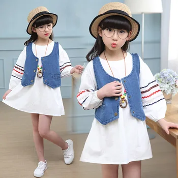 2020 nauja mergina vaikų pavasario rudens drabužių nustatyti baltos spalvos suknelė+džinsinio audinio liemenė liemenė,mergaites, vaikai, mada atsitiktinis tinka